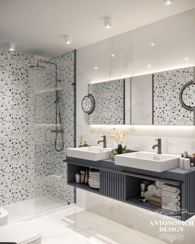 Дизайн гостевого санузла в современном стиле. Оригинальный керамогранит, мрамор с яркими акцентами в дизайн интерьера ванной комнаты в квартире.