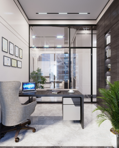 Система Push-to-Open в дизайн-проекте офисного помещения. дизайн кабинета директора в современном стиле