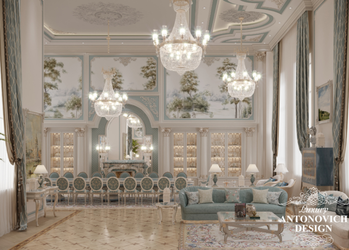 Дизайн банкетного залу в класичному стилі. Дизайн вітальні з високими стелями в особняку преміум класу