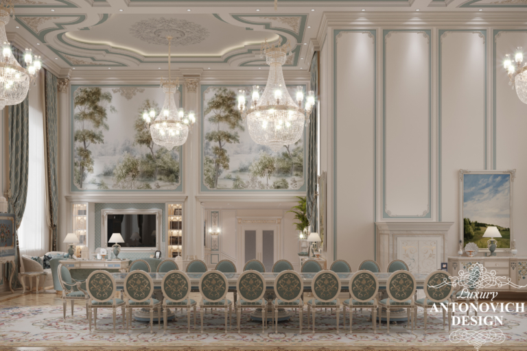 Розкішний дизайн заміської резиденції в класичному стилі. Кришталева люстра в дизайні королівських апартаментів елітного сегмента.