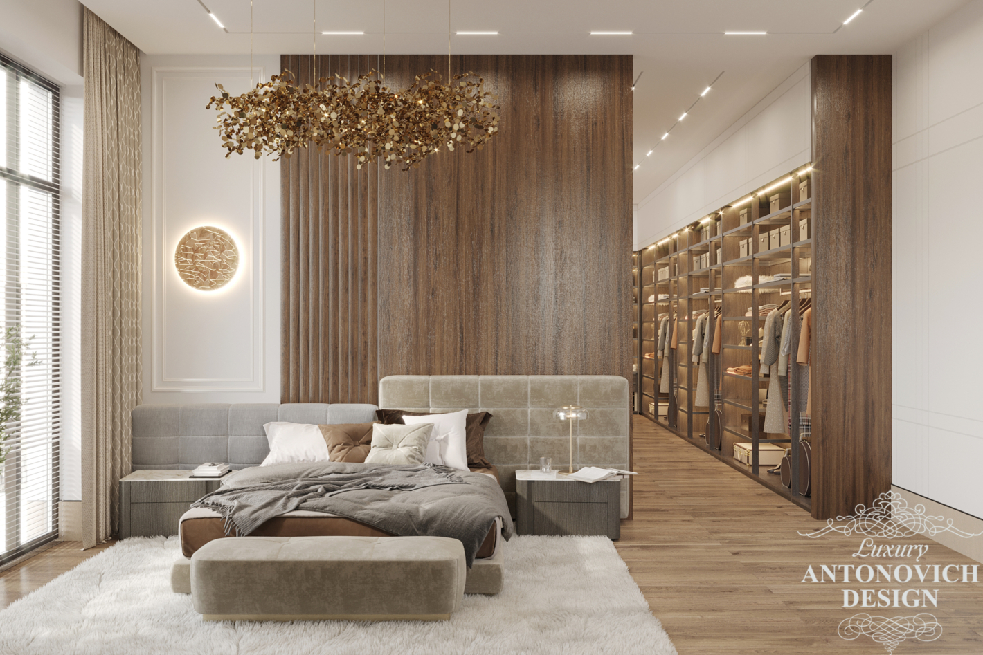 дизайн хозяйской спальни в современном стиле с отделкой из натурального шпона, авторским декором. Дизайн пентхауса в стиле неоклассика.