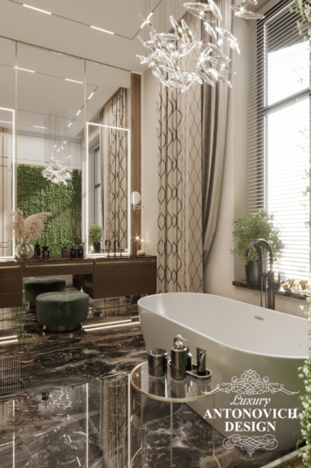 Дизайн елітної ванної кімнати. з великим дзеркалом і обробкою з натуральних матеріалів. Ексклюзивний дизайн інтер'єру.