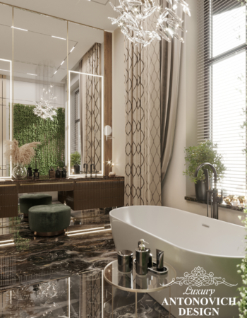 Дизайн элитной ванной комнаты. с большим зеркалом и отделкой из натуральных материалов. Эксклюзивный дизайн интерьера.