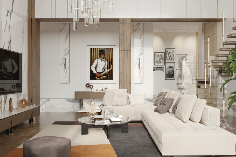 Дизайн-проект вітальні в сучасному стилі з авторськими меблями: кавовий столик, дивани, телевізор кришталеві люстри в дизайні преміум апартаментів. Ексклюзивний дизайн інтер'єру.