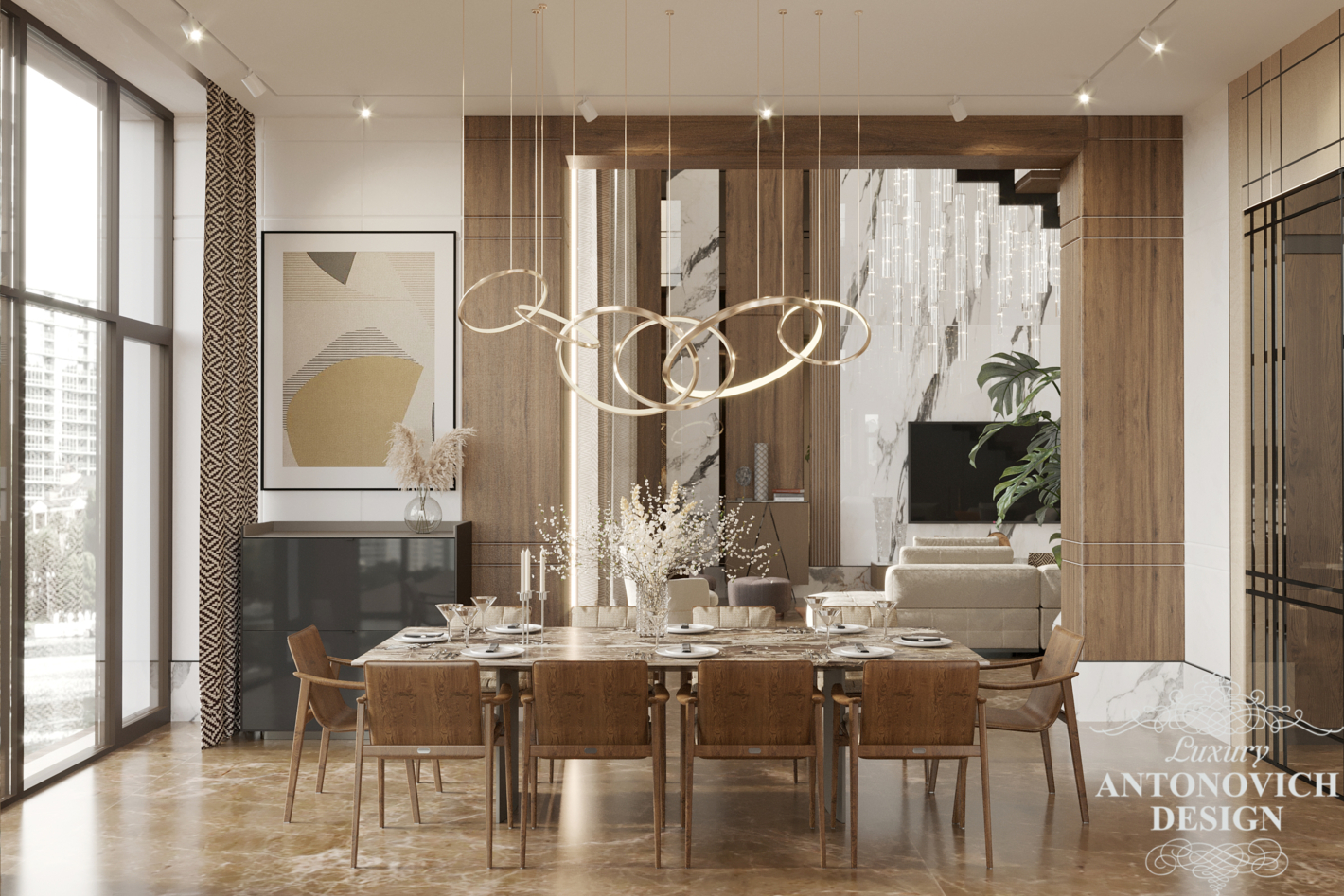 Дизайн просторной столовой с панорамным видом с отделкой из натурального дерева в природных тонах. Вип дизайн дома.