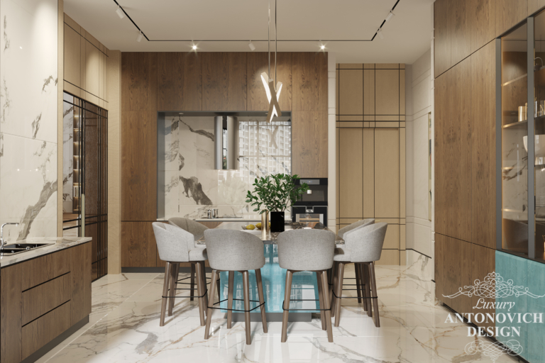 натуральне дерево, італійський мармур, оригінальні дизайнерські люстри, панорамні вікна, в проекті кухні. дизайни елітних кухонь в інтер'єрі квартири.