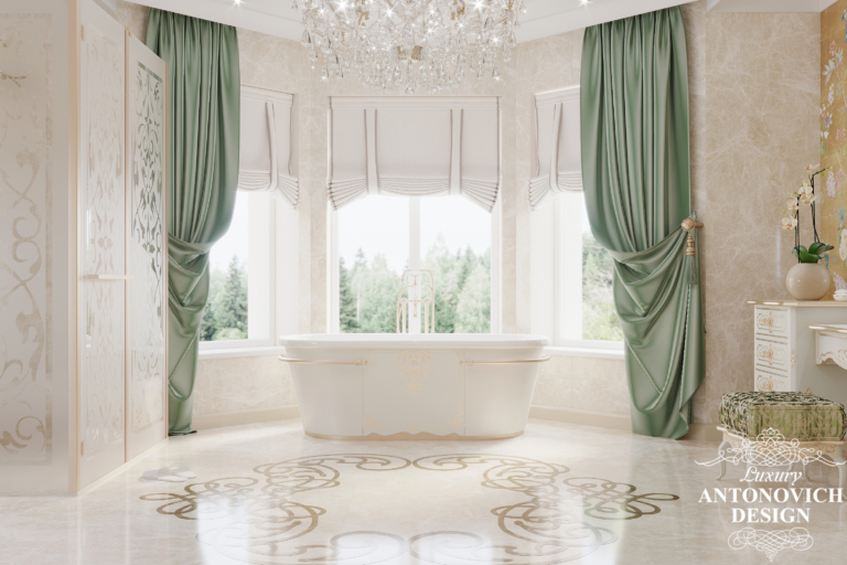 Дизайн интерьера ванной комнаты с панорамными окнами и ванной