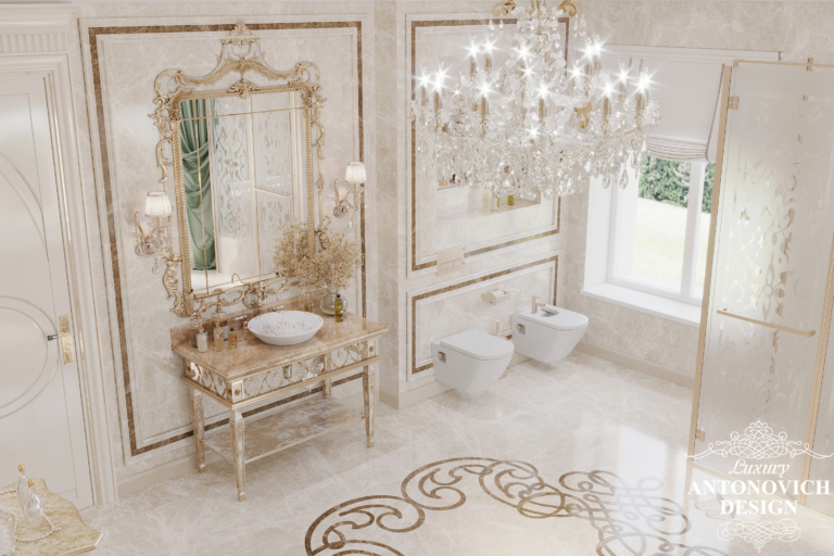 Дизайн ванной комнаты с умывальником, люстрой и зеркалом